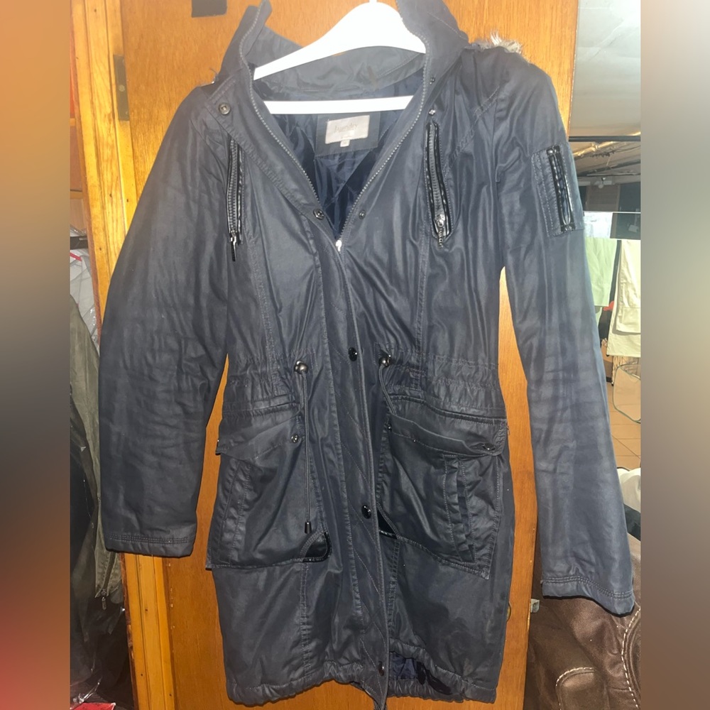 Laundry by shelli segal coat. Dark blue with black leather trim on zippers